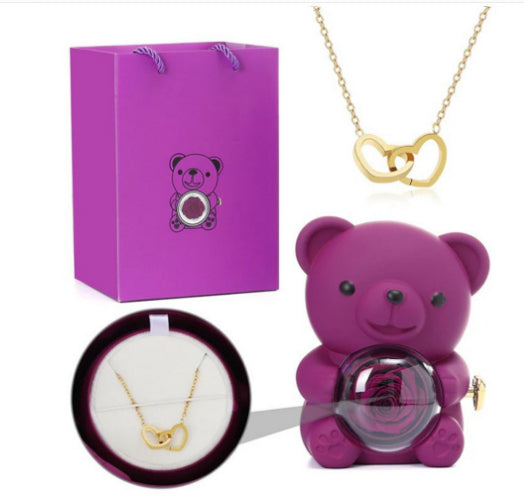 Faux Rose Teddy Bear with Locket Ring Necklace Gift Set