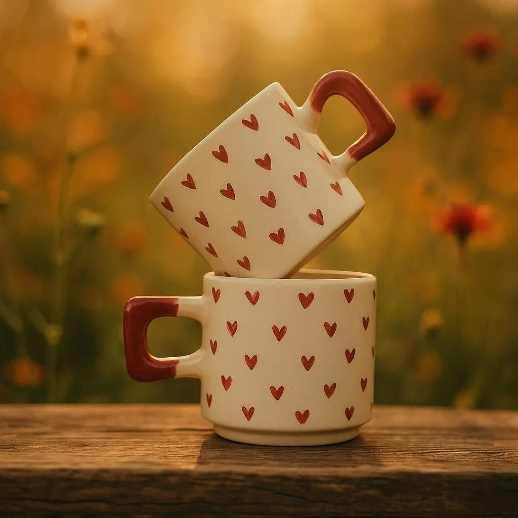 Set Of 2 Handmade Ceramic Mugs With Red Heart Pattern