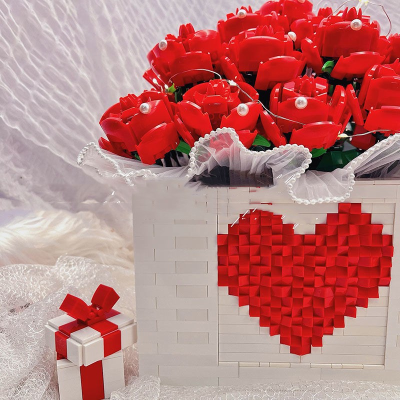 Assembled Lego Faux Rose Flower Bouquet with Wooden Gift Box