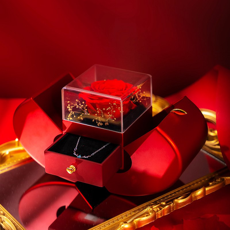 Heart Jewelry Box with Hidden Necklace Faux Rose Gift Set