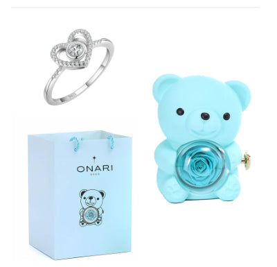 Faux Rose Teddy Bear with Locket Ring Necklace Gift Set