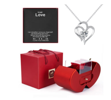 Heart Jewelry Box with Hidden Necklace Faux Rose Gift Set