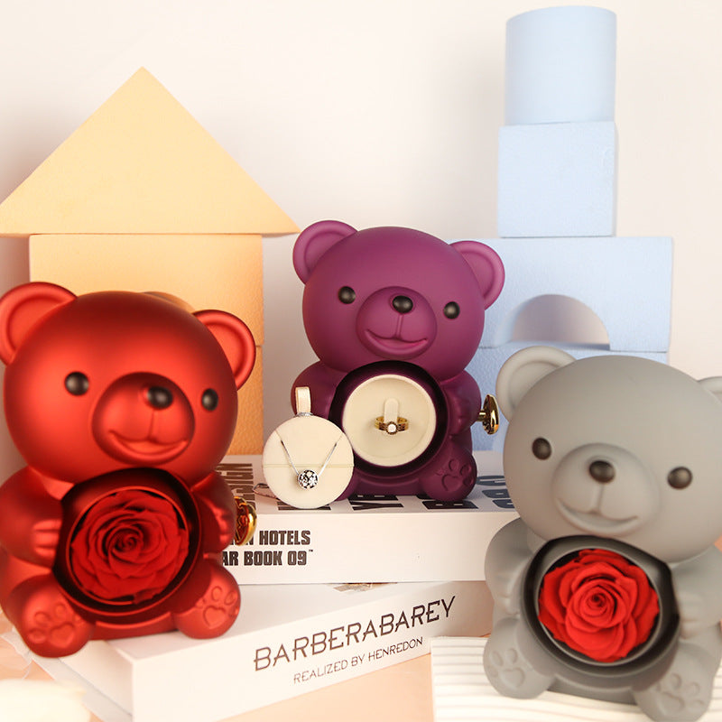 Faux Rose Teddy Bear with Locket Ring Necklace Gift Set