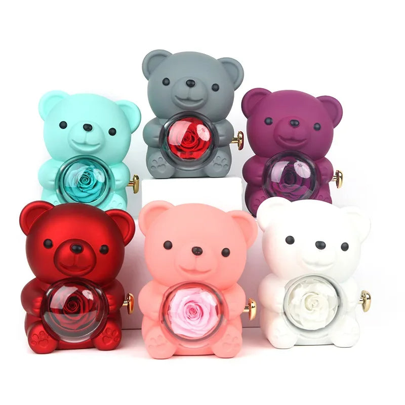 Faux Rose Teddy Bear with Locket Ring Necklace Gift Set
