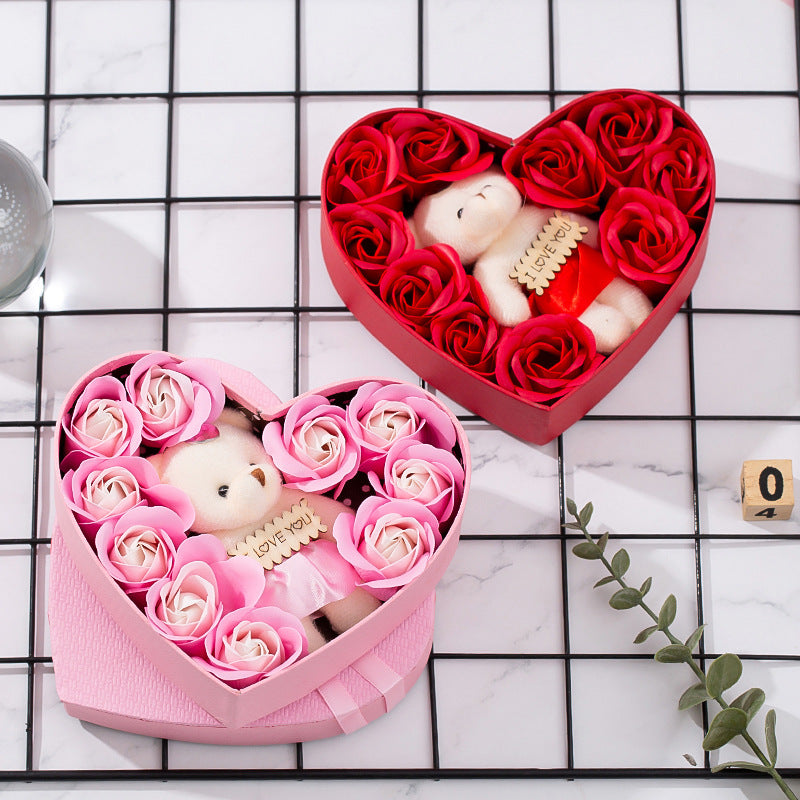 Heart Gift Box Soap Roses and Teddy Bear