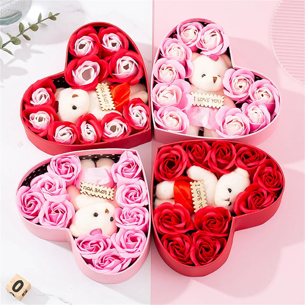 Heart Gift Box Soap Roses and Teddy Bear