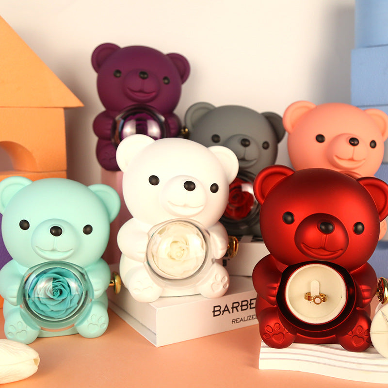 Faux Rose Teddy Bear with Locket Ring Necklace Gift Set