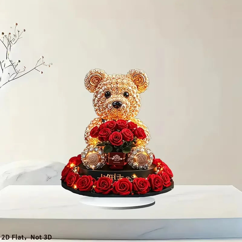 Romantic Bear & Red Rose Desktop Decor - Love And Light Theme Home Decor Perfect Valentine's Day Gift for Animal Lovers