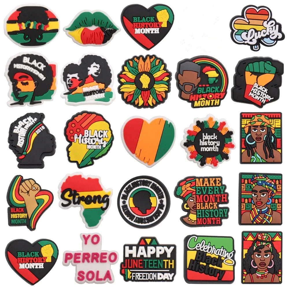 New Arrival 1-24Pcs PVC Black History Month Heart DIY Crocs Shoes Charms Jibbits