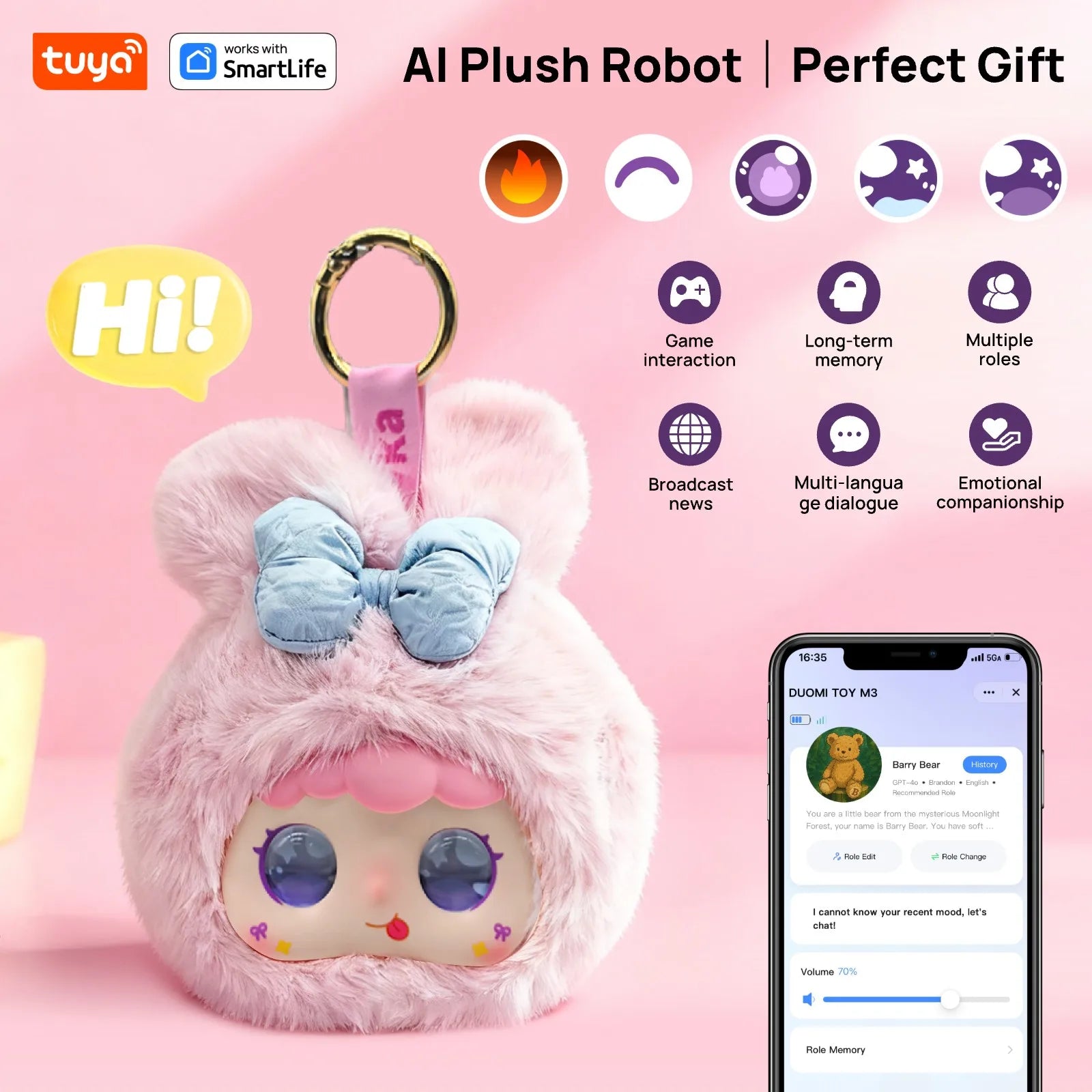 AI Plush Robot Keychain w/LED Eyes&Voice Control,Interactive Smart Toy USB Rechargeable Companion