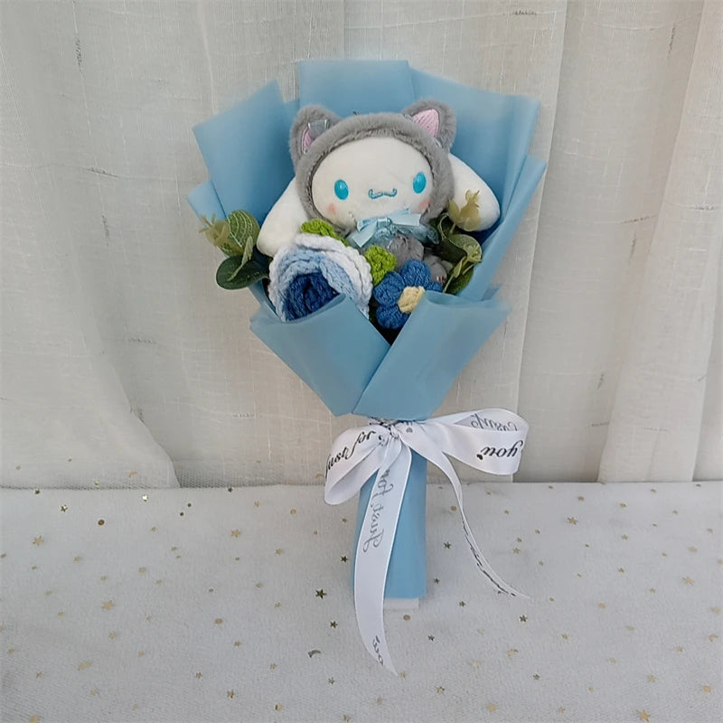 Sanrio Kuromi Hello Kitty Cinnamoroll My Melody Cute Plush Knitted Flowe Gift Bouquet