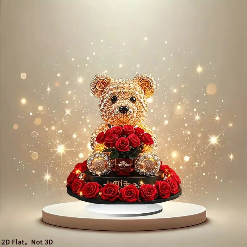 Romantic Bear & Red Rose Desktop Decor - Love And Light Theme Home Decor Perfect Valentine's Day Gift for Animal Lovers