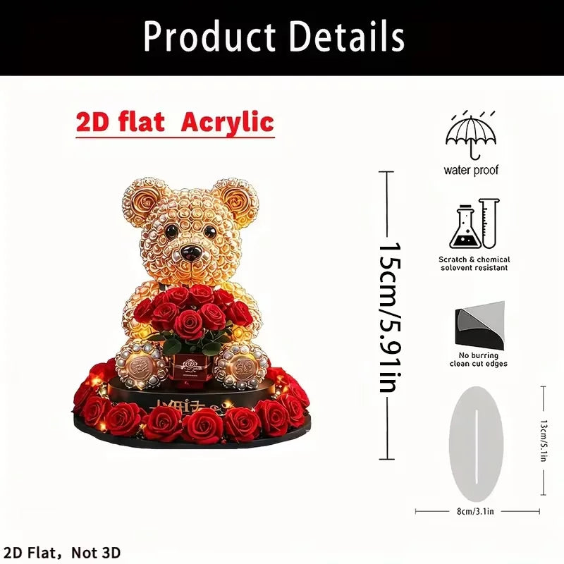 LED 2D Flat Bear with Roses Placard Backdrop for Gift Baskets