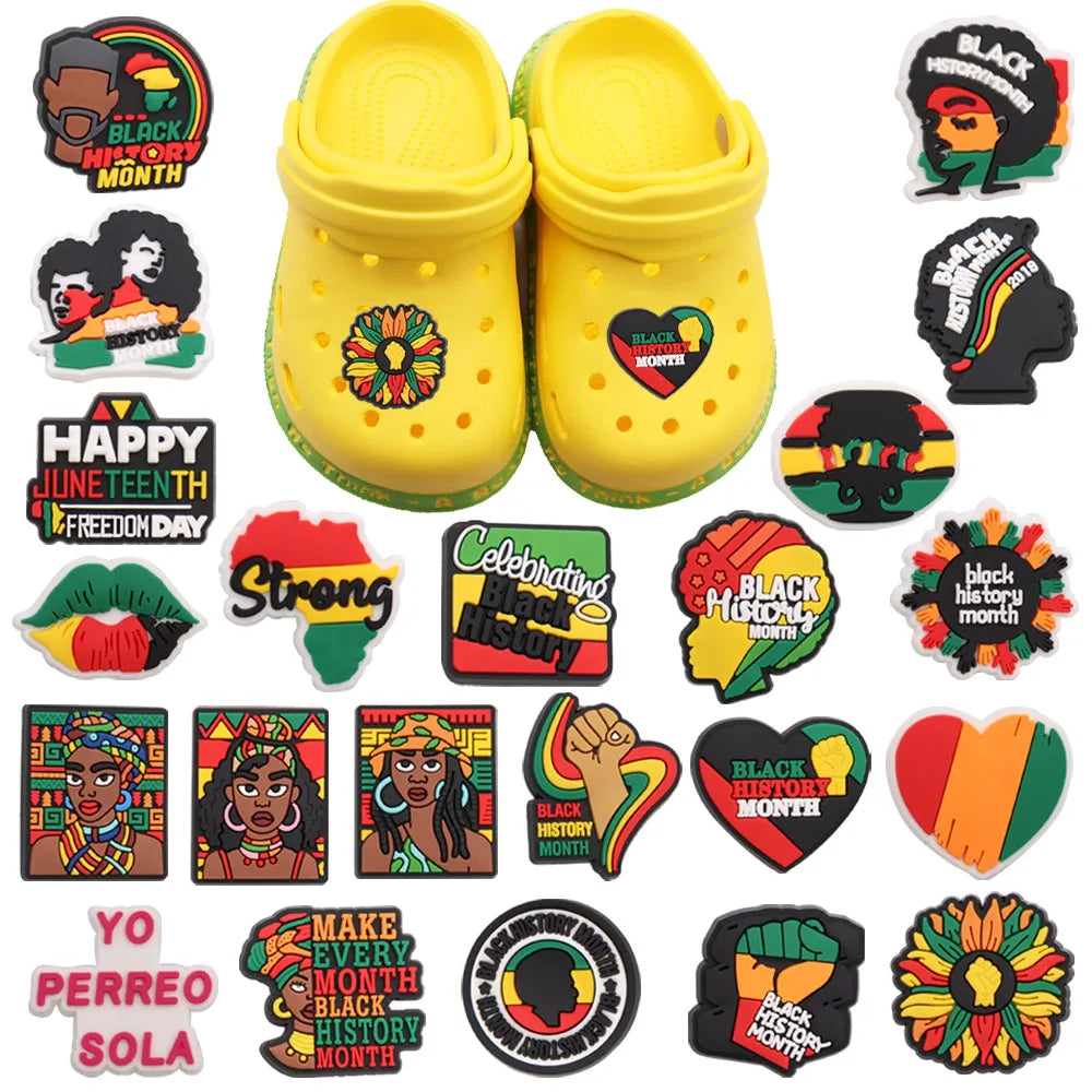 New Arrival 1-24Pcs PVC Black History Month Heart DIY Crocs Shoes Charms Jibbits