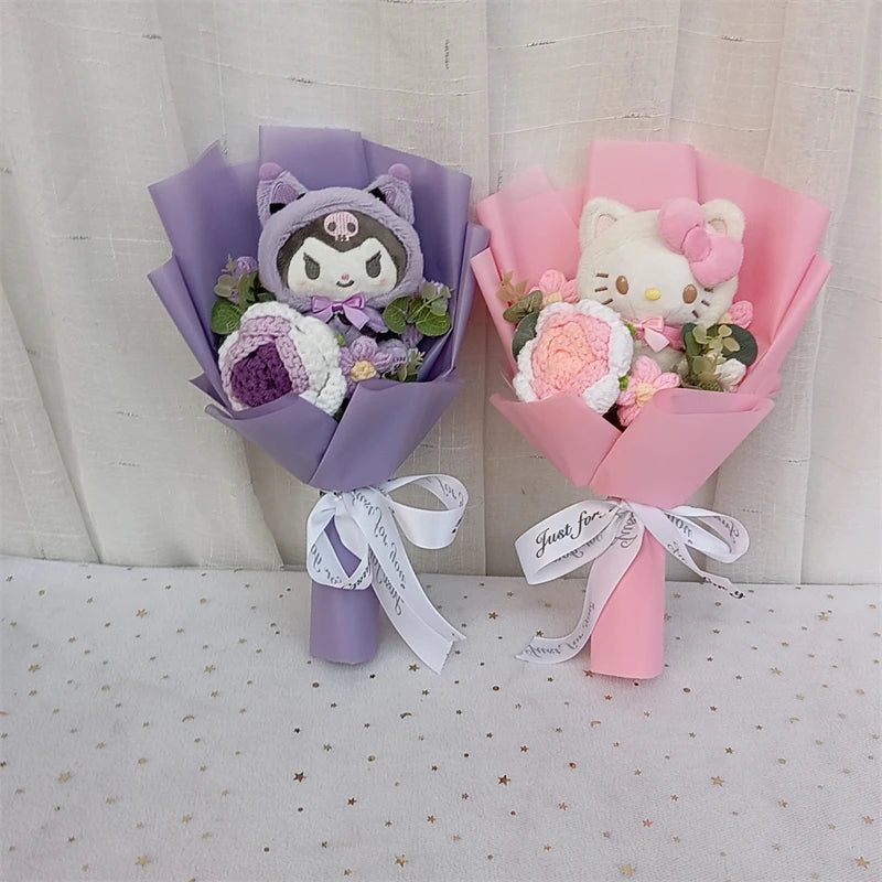 Sanrio Kuromi Hello Kitty Cinnamoroll My Melody Cute Plush Knitted Flowe Gift Bouquet