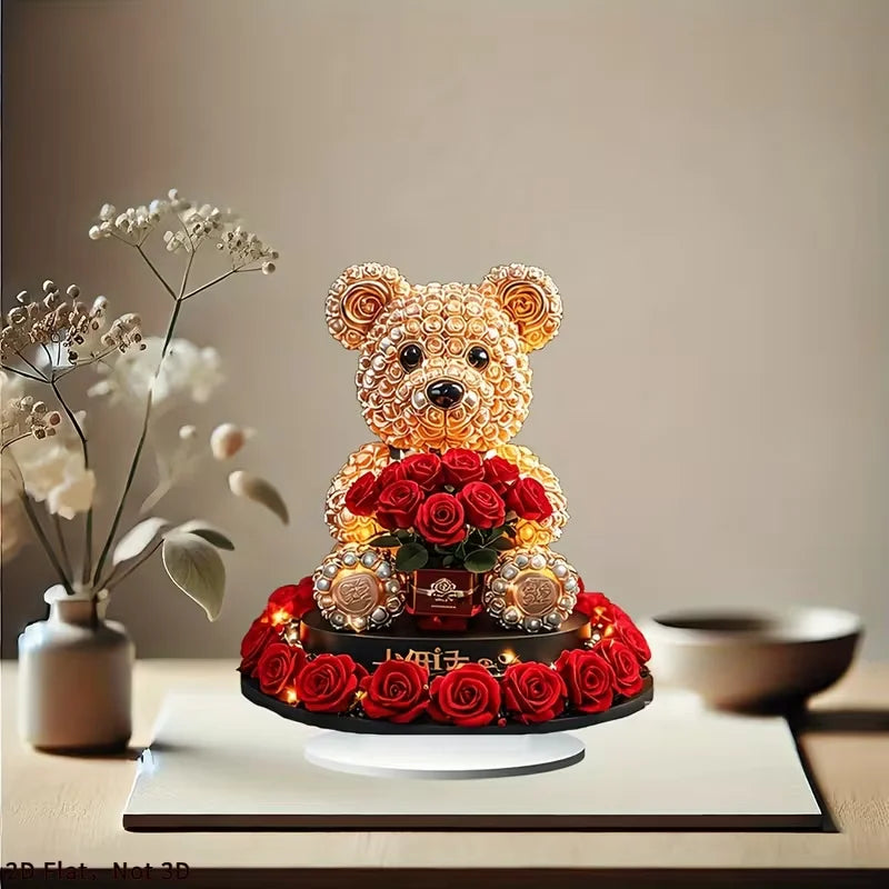 Romantic Bear & Red Rose Desktop Decor - Love And Light Theme Home Decor Perfect Valentine's Day Gift for Animal Lovers