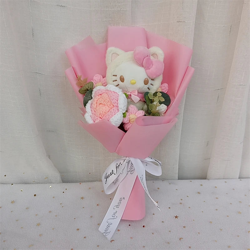 Sanrio Kuromi Hello Kitty Cinnamoroll My Melody Cute Plush Knitted Flowe Gift Bouquet