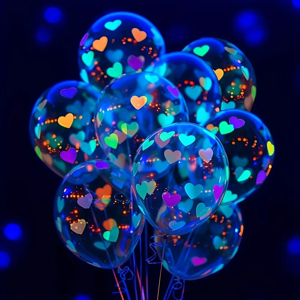 20 Inflatable Heart Balloons UV Light Activated Neon Glow