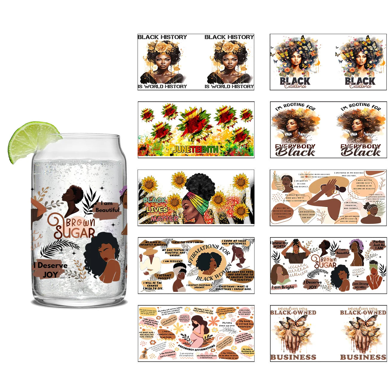 Black history series easy peel waterproof DIY Decals Retro Beauty 3D transfers crystal sticker 16oz uv