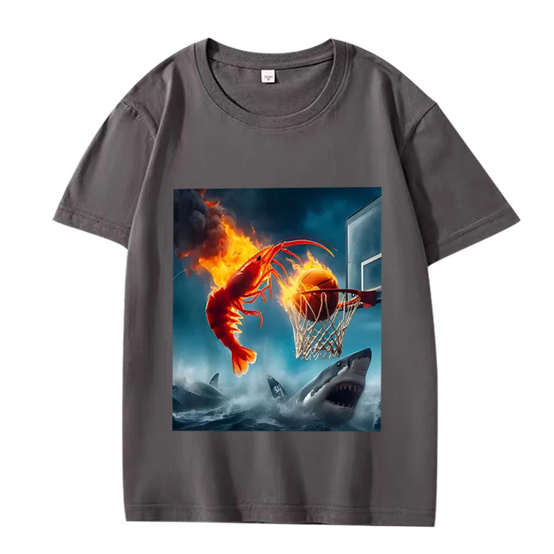 Shrimp Dunking on Shark Graphic tee Meme T Shirt 100% Cotton  short sleeve Summer Unisex top