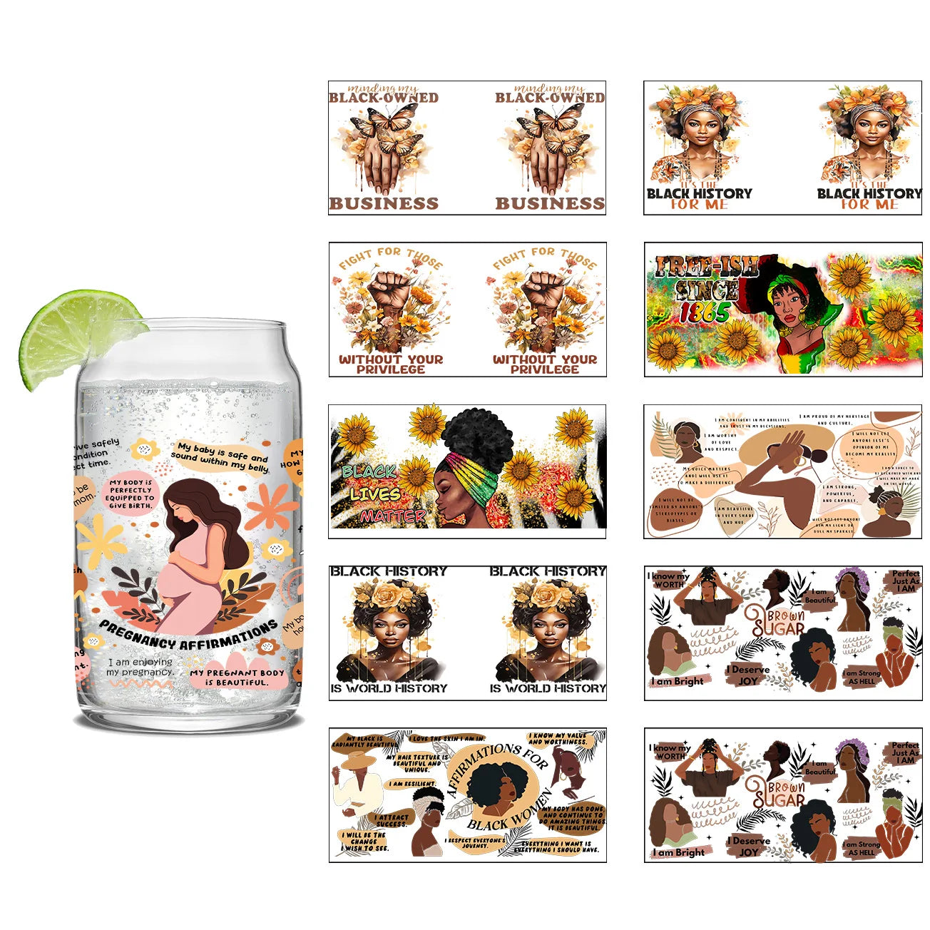 Black history series easy peel waterproof DIY Decals Retro Beauty 3D transfers crystal sticker 16oz uv