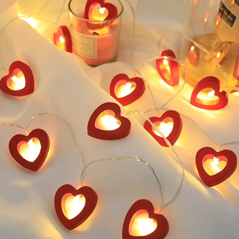 LED Wooden Heart Cutout String Garland Fairy Lights