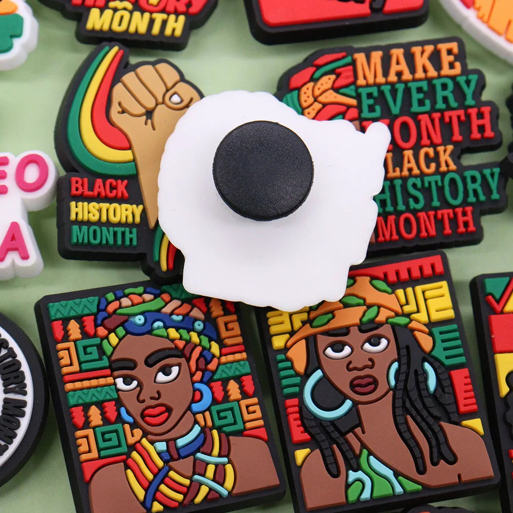 New Arrival 1-24Pcs PVC Black History Month Heart DIY Crocs Shoes Charms Jibbits