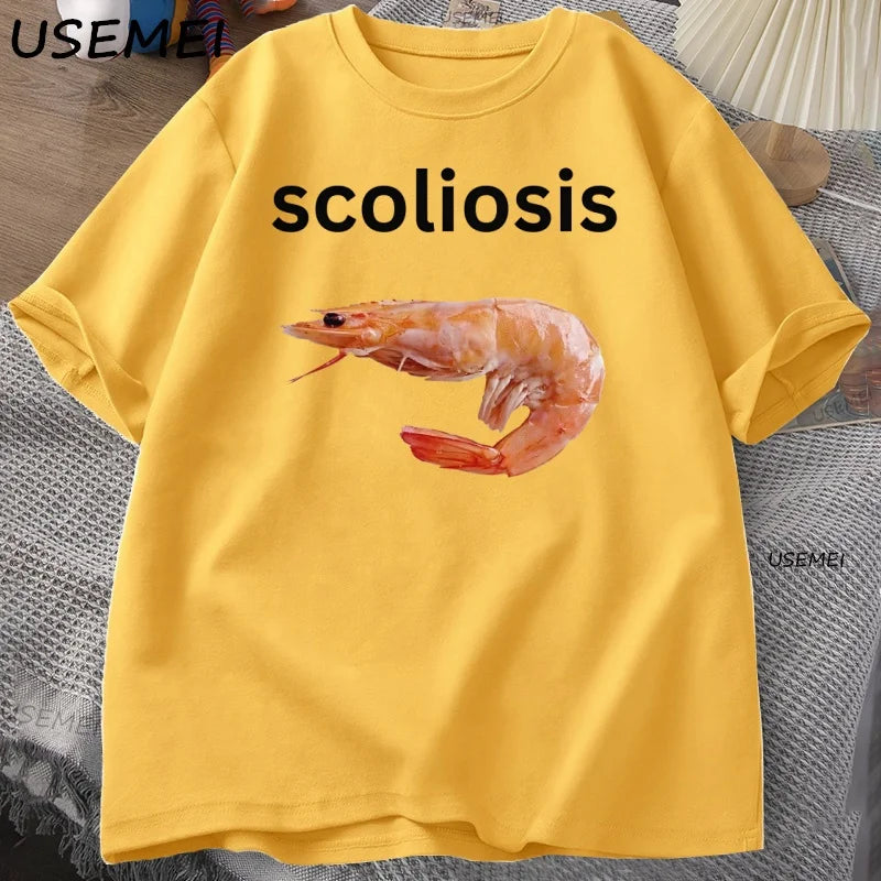 Shrimp with Scoliosis Graphic T Shirts Meme Cotton Short Sleeve Round Neck Top