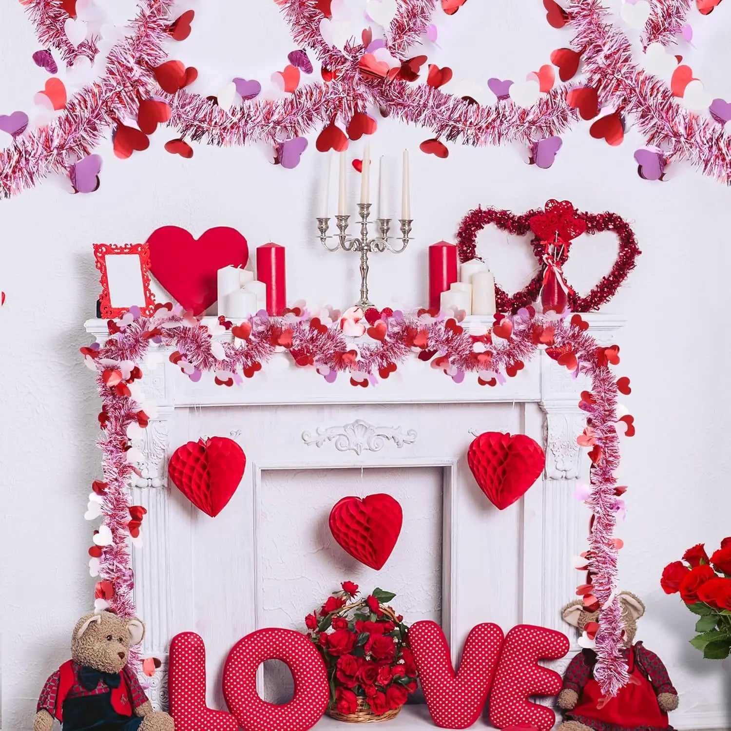 2M Valentines Heart Tinsel Garland Decorations, Valentines Day Red Pink White Metallic Garland Valentine's Day Decorations