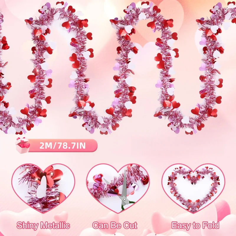2 Metre Metallic Heart Tinsel Garland Decoration