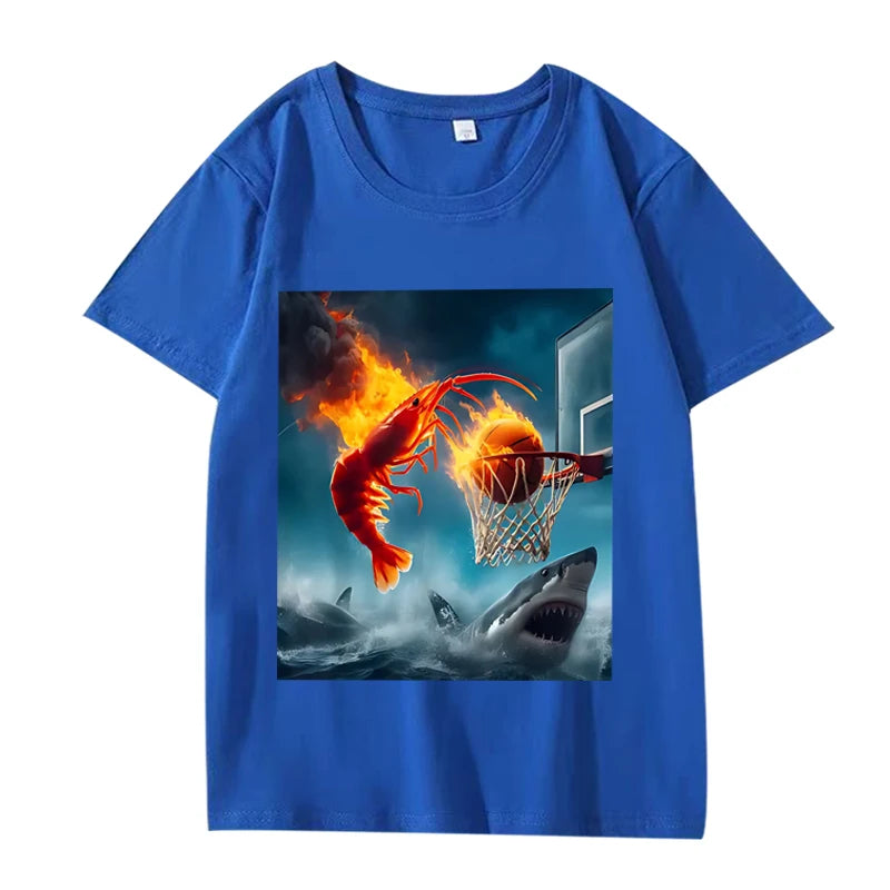 Shrimp Dunking on Shark Graphic tee Meme T Shirt 100% Cotton  short sleeve Summer Unisex top