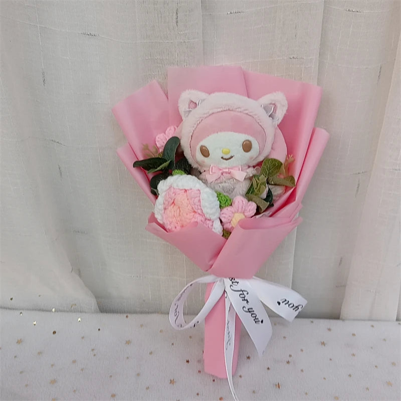 Sanrio Kuromi Hello Kitty Cinnamoroll My Melody Cute Plush Knitted Flowe Gift Bouquet