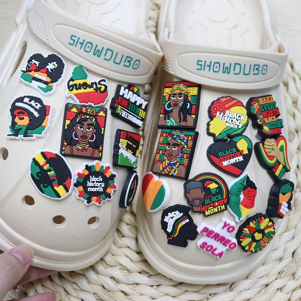 New Arrival 1-24Pcs PVC Black History Month Heart DIY Crocs Shoes Charms Jibbits