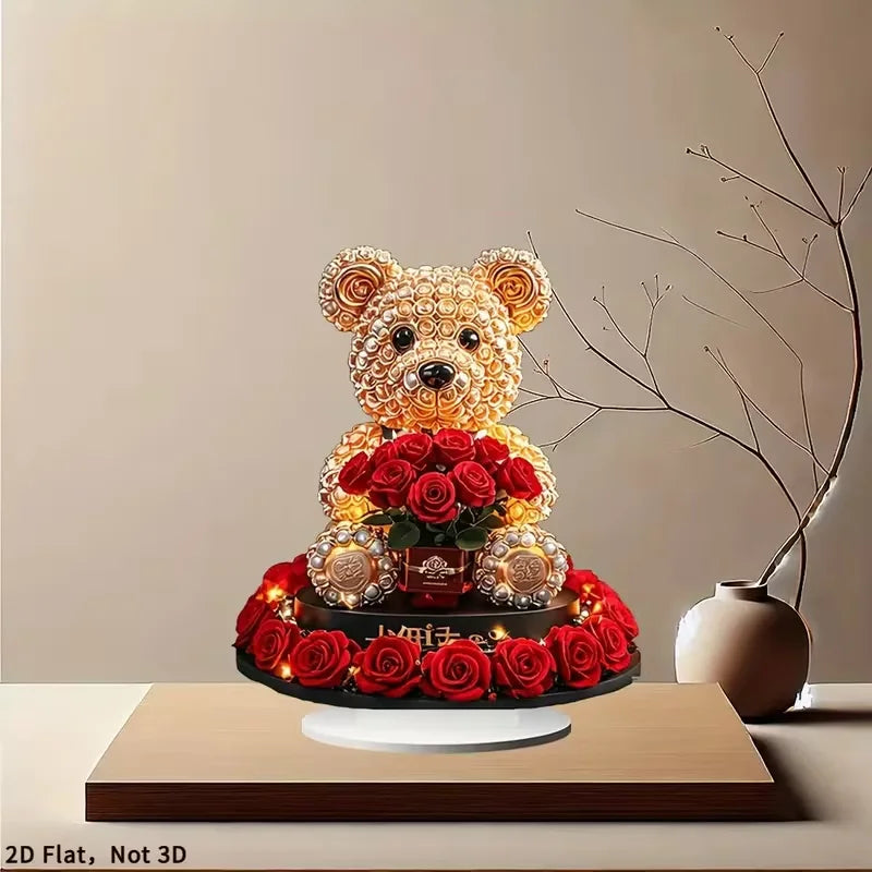 LED 2D Flat Bear with Roses Placard Backdrop for Gift Baskets