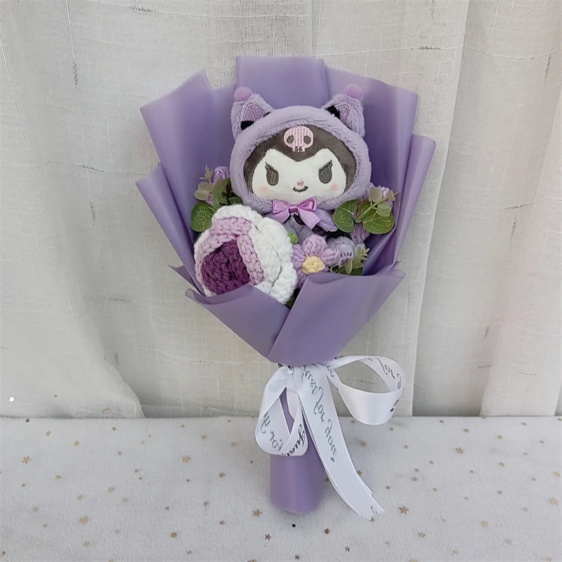 Sanrio Kuromi Hello Kitty Cinnamoroll My Melody Cute Plush Knitted Flowe Gift Bouquet