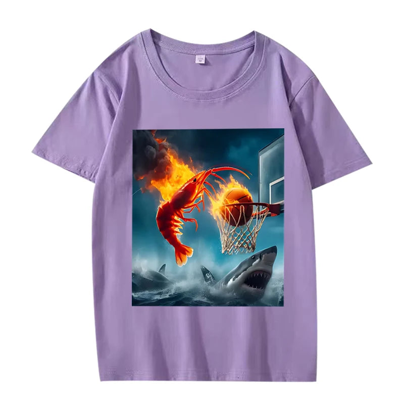 Shrimp Dunking on Shark Graphic tee Meme T Shirt 100% Cotton  short sleeve Summer Unisex top