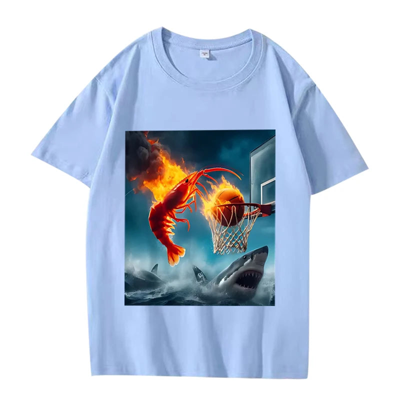 Shrimp Dunking on Shark Graphic tee Meme T Shirt 100% Cotton  short sleeve Summer Unisex top