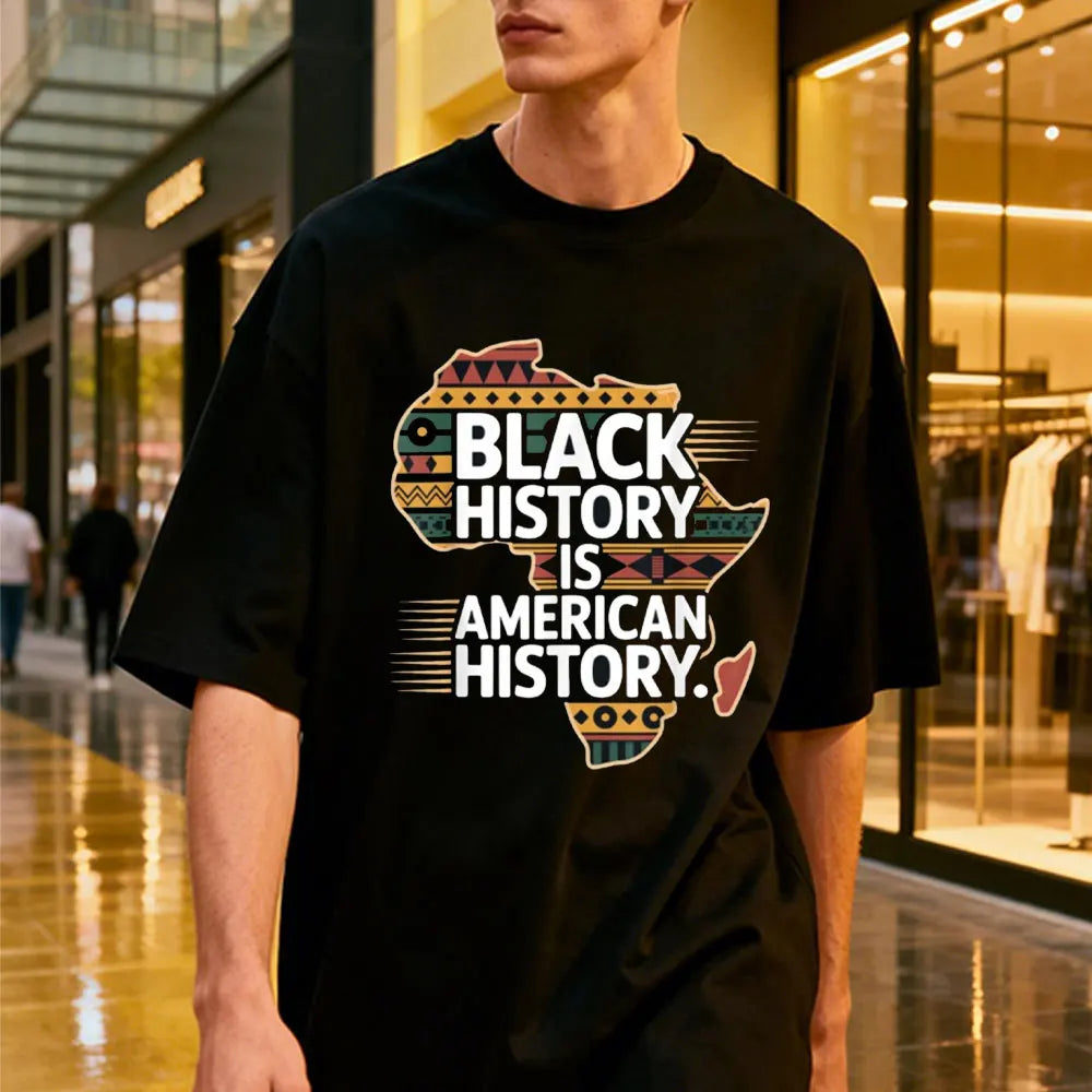 Black History Month Is American History Patriotic African T-Shirt Unisex Men T Shirt Round Neck American Map Printed Tees