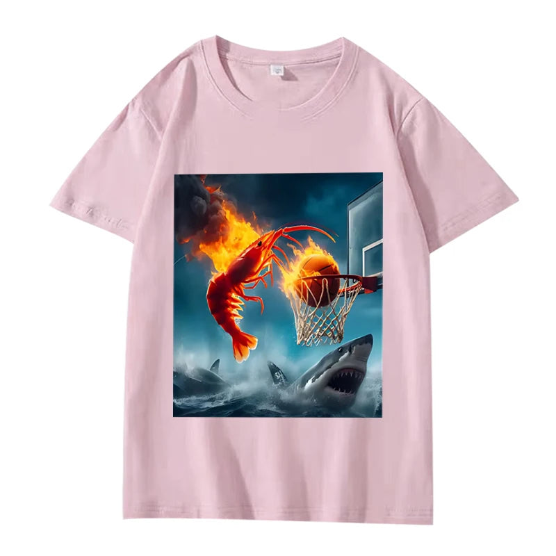 Shrimp Dunking on Shark Graphic tee Meme T Shirt 100% Cotton  short sleeve Summer Unisex top