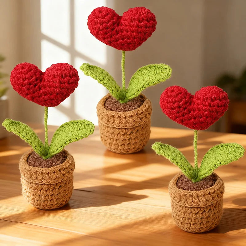 Handmade Knitted Heart Flower Pot Decoration