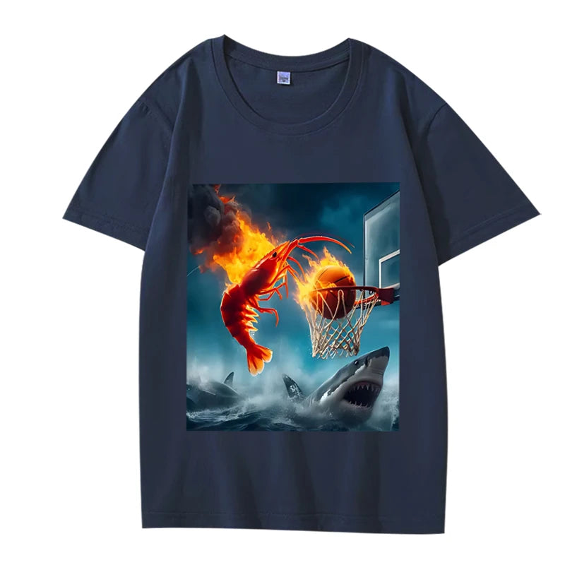 Shrimp Dunking on Shark Graphic tee Meme T Shirt 100% Cotton  short sleeve Summer Unisex top