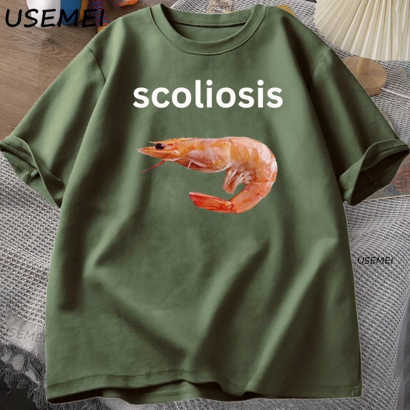 Shrimp with Scoliosis Graphic T Shirts Meme Cotton Short Sleeve Round Neck Top
