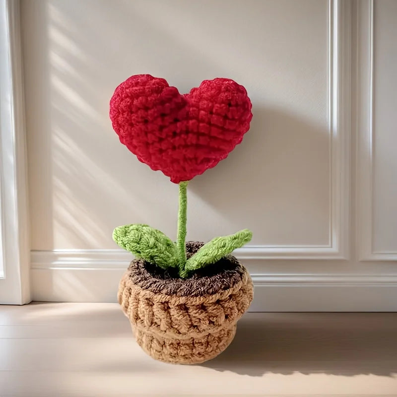 Handmade Knitted Heart Flower Pot Decoration
