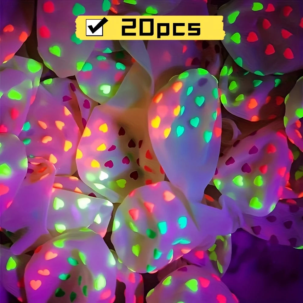20 Inflatable Heart Balloons UV Light Activated Neon Glow