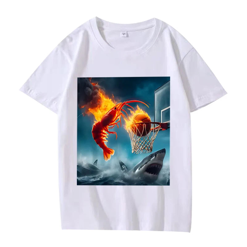 Shrimp Dunking on Shark Graphic tee Meme T Shirt 100% Cotton  short sleeve Summer Unisex top