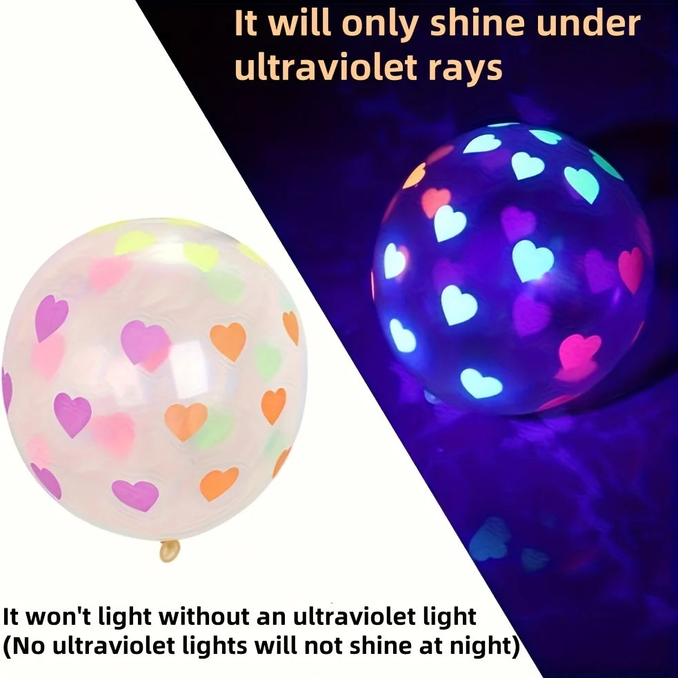 20 Inflatable Heart Balloons UV Light Activated Neon Glow
