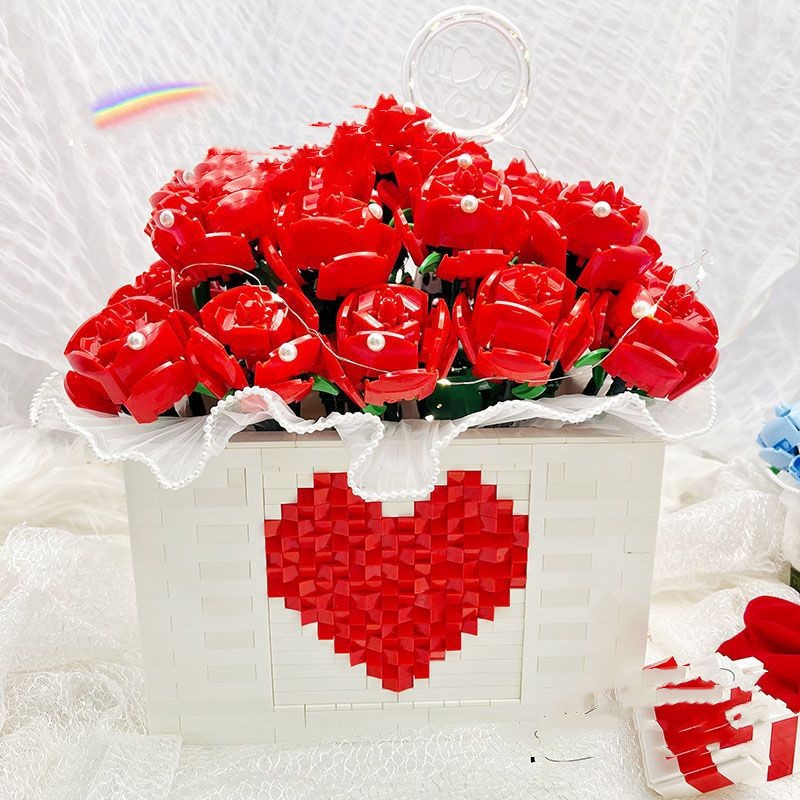 Assembled Lego Faux Rose Flower Bouquet with Wooden Gift Box