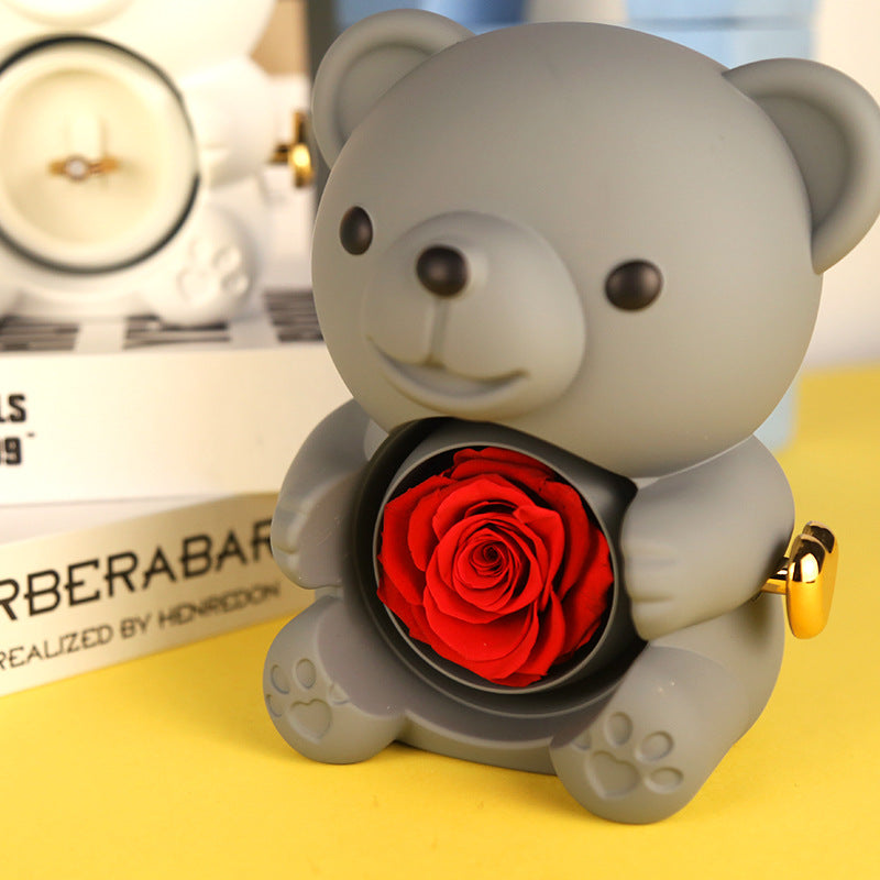 Faux Rose Teddy Bear with Locket Ring Necklace Gift Set