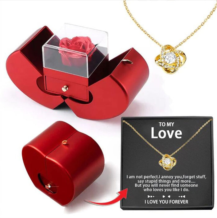 Heart Jewelry Box with Hidden Necklace Faux Rose Gift Set