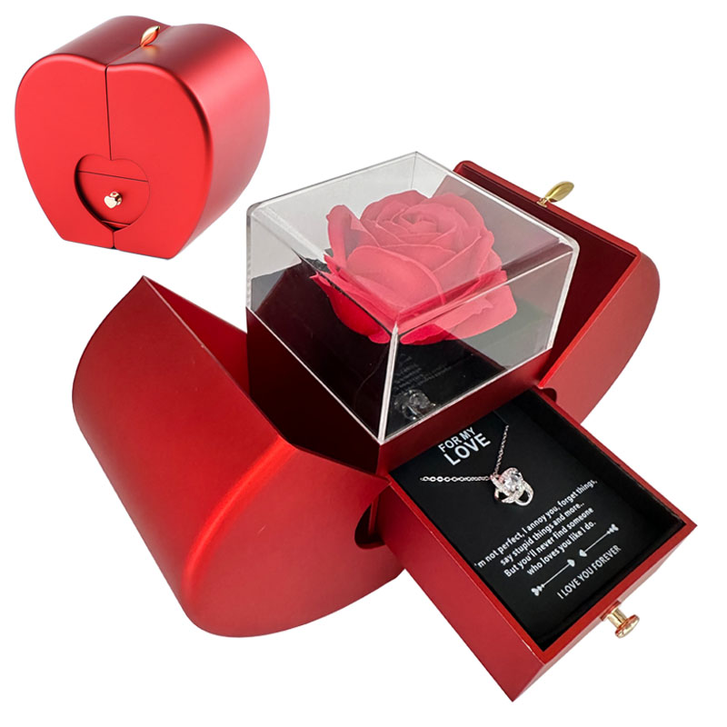 Heart Jewelry Box with Hidden Necklace Faux Rose Gift Set